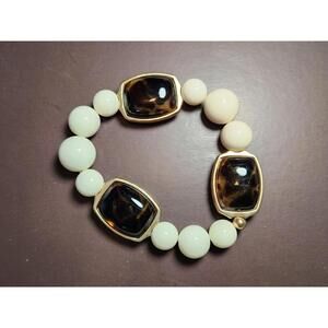 Costume Jewelry Stretch Bracelet - Ivory Beads and Tiger's Eye Stones in Gold
